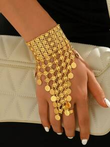 1pc Vintage Stylish Multi-Layer Coin Decor Hollow Carved Gloves-Design Women Bracelet