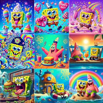 SPONGEBOB 1 套 5D DIY 钻石画套件，卡通人物、海滩、冰淇淋、糖果、钻石艺术、全圆钻石刺绣十字绣、DIY 帆布工艺品，适合墙壁装饰以及送给家人、爱人、朋友的礼物