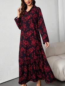 春季女士印花波西米亚风长袖超长连衣裙。2025新年时尚宽松秋季红玫瑰印花连衣裙，收腰设计，适合休闲度假穿着、优雅派对礼服、毕业季海滩装扮、情人节时尚晚礼服。开斋节 - 紅色 - 查看 5