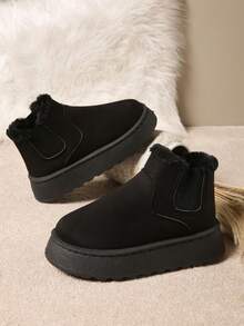 女式仿毛黑色户外5厘米厚底踝靴，紧身针织袖口毛皮衬里雪地靴，新款秋冬款带后拉带，蓬松加厚保暖内衬拖鞋时尚简约保暖鞋男士室内拖鞋 - 黑色 - 查看 2