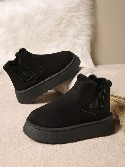 Women's Faux Fur Black Outdoor 5cm Thick Sole Ankle Boots, Tight-Fitting Knit Cuff Fur Lining Snow Boots, New Autumn/Winter Model With Back Pull Strap, Fluffy Thickened Thermal Lined Slippers Fashion Simple Warm Shoes Men's Indoor Slippers