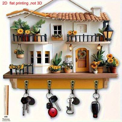 Soporte de madera multifuncional para llaves con forma de girasol 2D plano (11.8 pulgadas x 9 pulgadas), con 4 ganchos de metal, decoración de pared, decoración del porche, decoración de la habitación, decoración de la villa, decoración del hogar para todas las estaciones