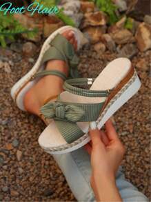 Foot Flair 加大码女式蝴蝶装饰露趾两穿帆布厚底坡跟凉鞋，波西米亚海滩度假风格，百搭春夏季款，绿色