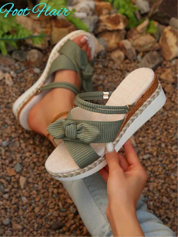 Foot Flair Plus Size Women's Butterfly Decor Open Toe Dual Wear Espadrille Platform Wedge Sandals, Bohemian Beach Vacation Style, Versatile For Spring/Summer, Green