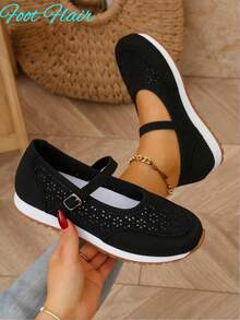 Women's Hollow Round Toe Soft Bottom Mary Jane Sports Shoes, Outdoor Sports Style Suitable For Sports And Daily Driving, All Season, Black PU Leather Casual Comfortable Breathable Flat Sports Shoes