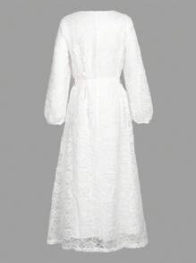 Round Neck Long Sleeve Lace Modest Dress With Belted Waist In Solid Color - White - View 4
