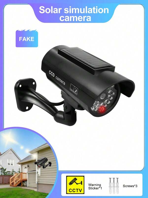 1pc Solar Powered Dummy Security Camera, Anti-Theft & Anti-Burglar, Slightly Waterproof, Red LED Light Blinking, With Free CCTV Sticker