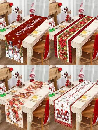 1pc Christmas Snowman Table Runner, 35*180cm Polyester Table Runner Two Snowmen With Red Scarves Christmas Tree Christmas Gifts Red Background Design Pattern, Merry Christmas, Suitable For Christmas Kitchen And Restaurant Tabletop Decorations, Christmas Gifts, Christmas Decorations