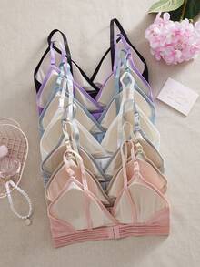 7PCS Women's Simple Casual Rib Solid Color Bra, Soft, Breathable, Wireless, Comfortable At Home Style Bra Underwear. - Multicolor - View 3
