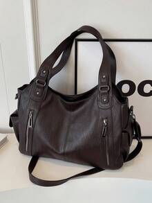 Túi xách nữ thời trang mới, cổ điển, đa năng, màu trơn, dung tích lớn, chất liệu da PU, kiểu dáng retro, có khóa kéo, thích hợp cho mua sắm, du lịch. Túi xách nữ mới. - Cà phê - Xem 4