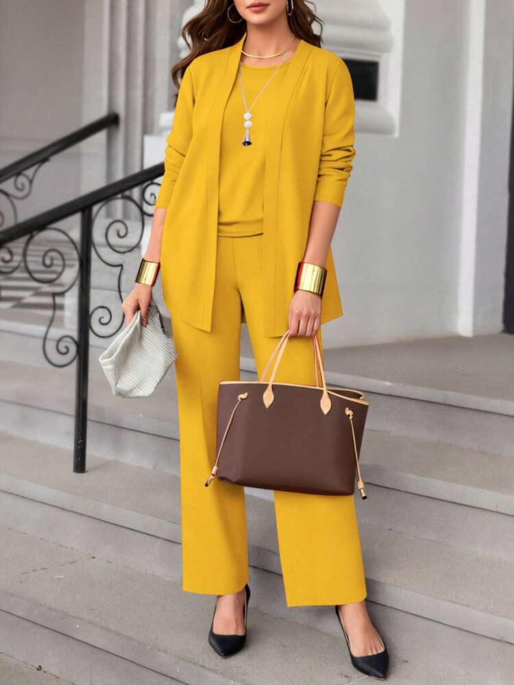 3pcs Women's Casual Solid Color Outfit Set: Jacket/Cardigan + Round Neck Sleeveless Top + Elastic Waist Straight Leg Pants, Soft Stretchy Fabric, Loose & Comfortable Fit, Spring/Autumn/Winter - Yellow - View 2