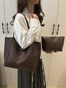 Set de 2 piezas: Bolso de mano de PU con letra pequeña de moda casual y cartera de embrague minimalista, adecuado para compras, ir al trabajo, viajes y uso diario de mujeres - Azul - Ver 4