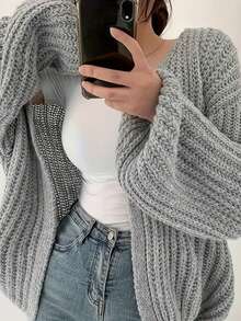 Plus Size Women Elegant Loose Knitted Cardigan Sweater, Casual Everyday Wear, Autumn/Winter - Grey - View 6