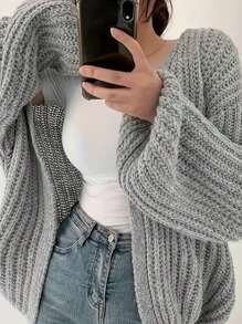 Elegant Casual Loose Fit Plus Size Plain Color Knitted Cardigan, Versatile Young Women Long Sleeve Open Front Sweater