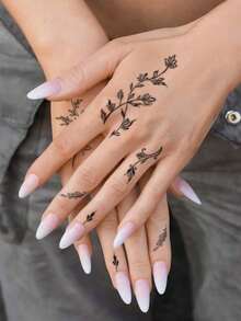 1张可水洗临时纹身贴纸，Y2K风格红色叶子手部纹身贴纸，防水防汗，适合人群 - 黑色 - 查看 2