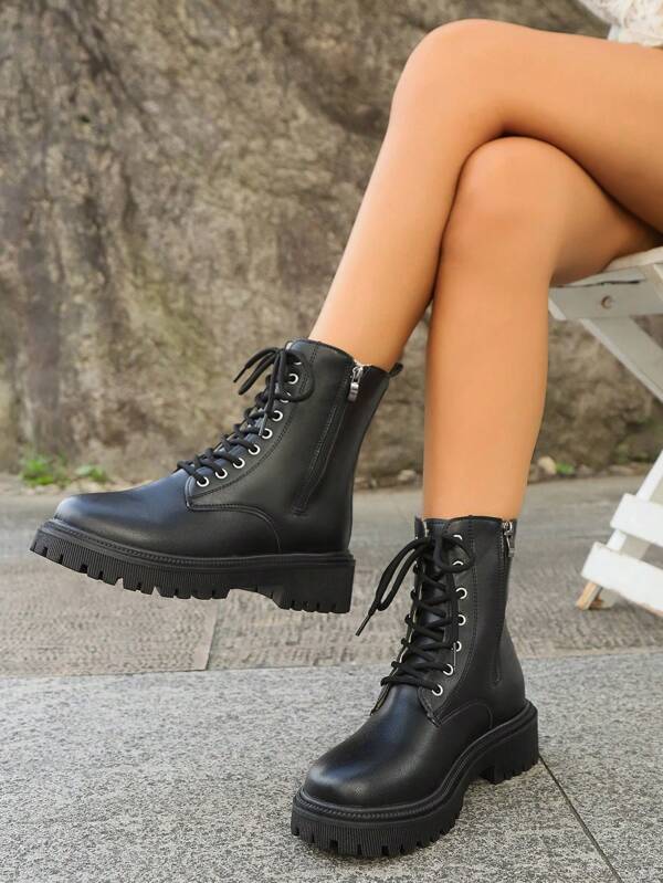 Women's Retro Faux Leather Warm Short Boots With Fleece Lining, Solid Color Lace-Up Boots, Suitable For Pairing With Hoodies, Autumn Outfits, Valentine's Day
