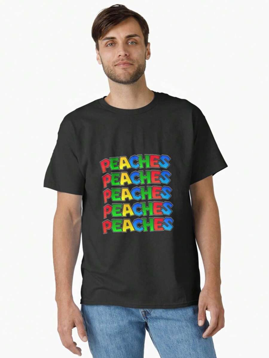Super MarioS T-Shirt, Peaches Peaches Peaches T-Shirt, Comfy Cotton Graphic T-Shirt For Mens & Womens - Men's/Women's Round Neck Casual Top With Pop Culture Designs - All-Season Breathable Fabric - Ideal Gift For Anime Lovers & Everyday Comfort - 黑色 - 查看 1