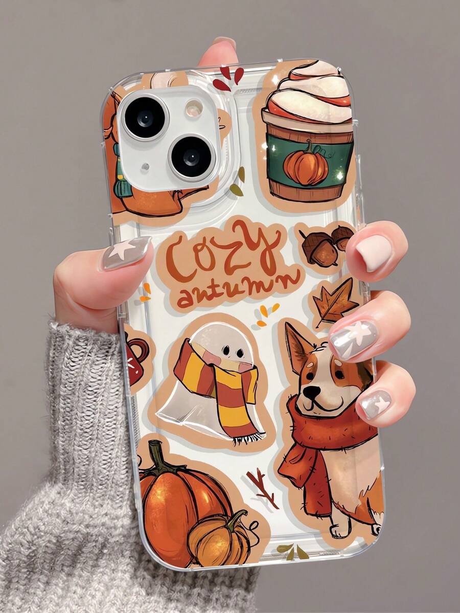 1pc Fashionable Autumn Pumpkin, Ghost, Dog Slogan Patchwork Pattern Transparent TPU Airbag Shock Absorption Phone Case Compatible With IPhone 16/16Pro/16Plus/15/15ProMax/15Pro/11/12/13/14ProMax/12Mini/13Mini/11Pro/11ProMax/12Pro/12ProMax/13Pro/13ProMax/14Pro/14ProMax, Soft Case With High-End Feel - Multicolor - View 1