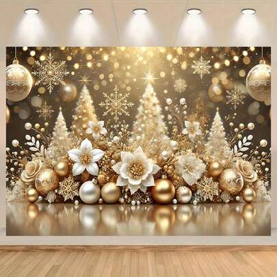 金色圣诞装饰，以金色气球和圣诞树为特色，非常适合客厅、卧室、办公室和户外场所。非常适合用作摄影背景，也适合派对、婚礼、生日和节日场合。