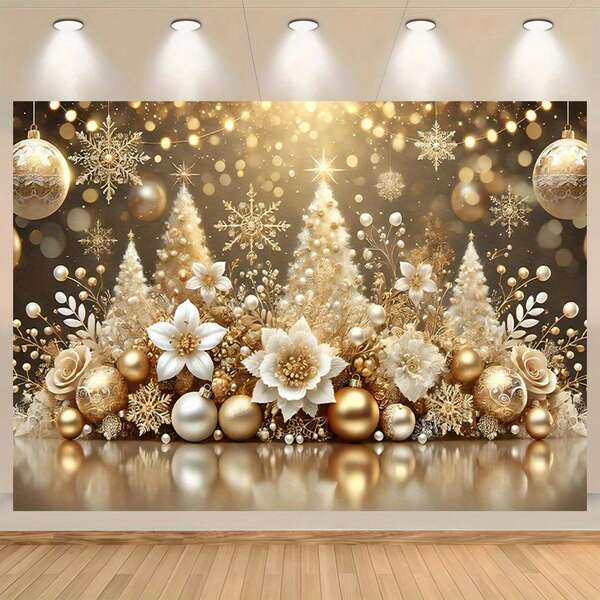 金色圣诞装饰，以金色气球和圣诞树为特色，非常适合客厅、卧室、办公室和户外场所。非常适合用作摄影背景，也适合派对、婚礼、生日和节日场合。