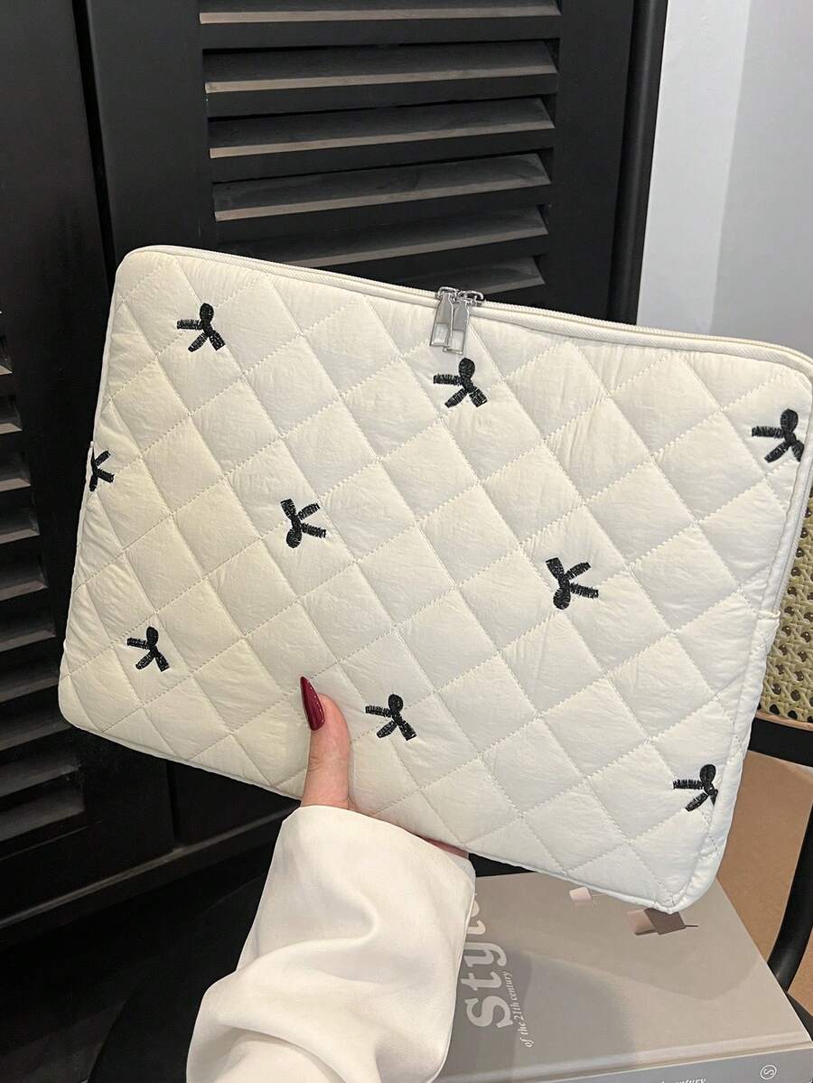Cute Diamond Embroidery Bow Laptop Sleeve Bag For Tablet - White - View 1
