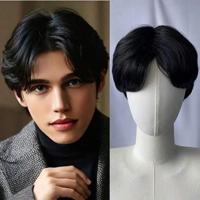 男士中分短发假发，时尚夹式假发，蓬松自然，适合角色扮演佩戴