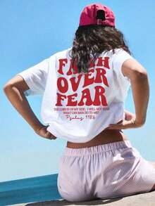 180g Faith Over Fear Christian Graphic-Shirt |   Women's Casual Vacation Bible Verse Tee |   Summer Round Neck Short Sleeve Top Summer-Shirt Women Casual Loose Top Letter Print Tee - 白3 - 查看 6
