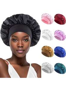 1pc Wide Strip Elastic Headband Cap, Women Soft Satin Sleep Cap, Stretchy Solid Color Smooth Shower Cap, Suitable For Hair