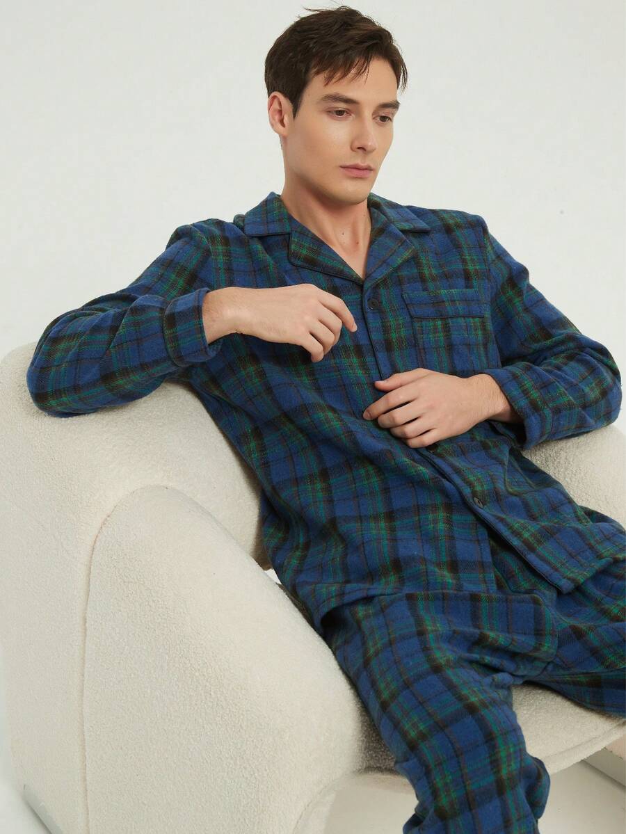 新款男士时尚休闲加厚冬季睡衣套装，长袖上衣和长裤 - 藍色 - 查看 1