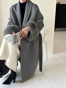 女士经典披肩领系腰长款双面羊毛大衣，秋冬季休闲加长外套 - 灰色 - 查看 9