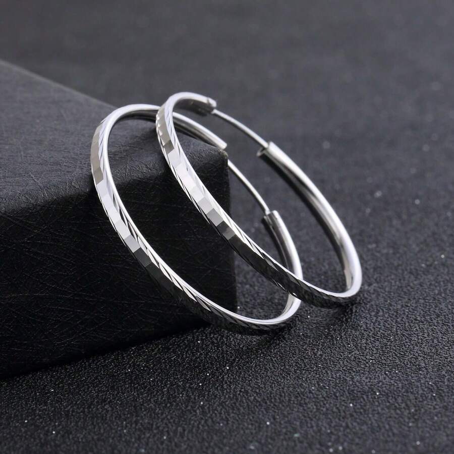 1pair Fine S925 Sterling Silver Luxury 3.8CM Big Circle Hoop Earrings For Women Charms Original Designer Party Wedding Jewelry Gifts