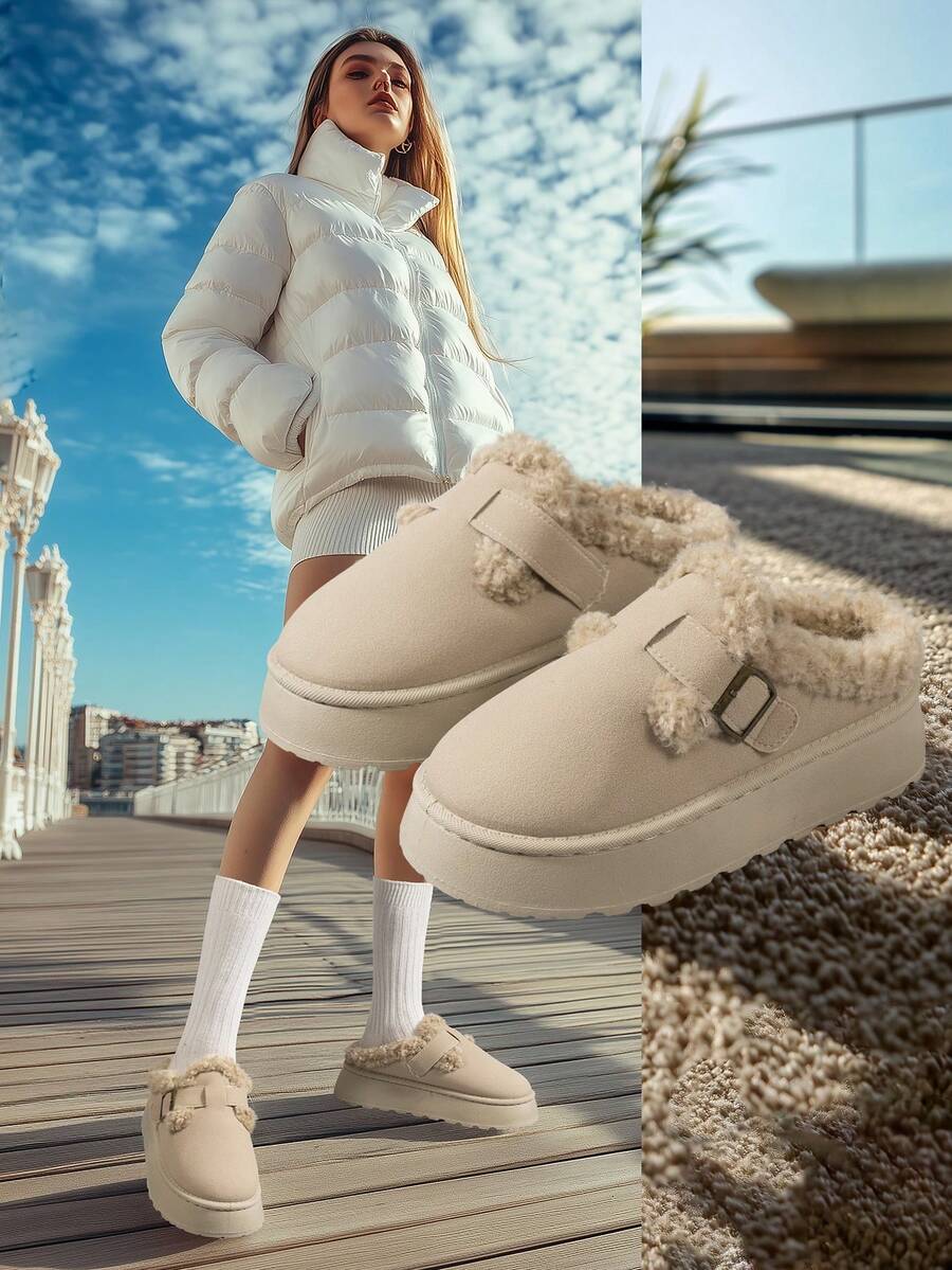 2025 Women's New Slip-On Fluffy Slippers, Winter Outdoor Wear, Plush Lining, Thick Sole, Buckle Strap, Platform, Large Size, Black Snow Boots - Beige - View 1
