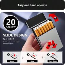 DSL Cigarette Case 20 Capacity Aluminum Automatic Slider 2 Pack Black+Silver 100mm 100S DSL