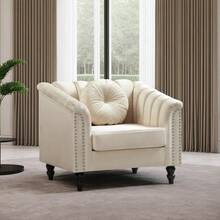 Luxurious Velvet Modern Chesterfield Settee Sofa Upholstered Rolled Arm With Rivets/2 Button Tufted Pillow, Contemporary Microfiber Fabric Couch Set For Living Room.White-Chair(1pc) - White-chair(1pc) - View 5