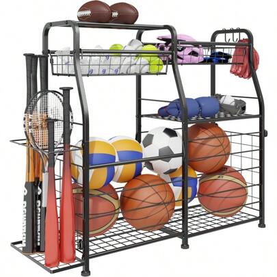 Organizador de garaje, organizador de equipos deportivos, estantería para almacenamiento de pelotas, sistema organizador de garaje para equipos deportivos y juguetes, almacenamiento de pelotas y juguetes para interiores y exteriores, color negro