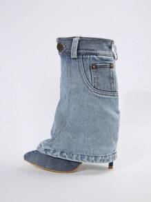 蓝色纯色性感西式休闲通勤西部中筒靴，新款尖头叠层高筒女靴，复古喇叭裤靴，厚底高跟马靴，适合婚礼、派对、办公室、室内和室外，春秋季