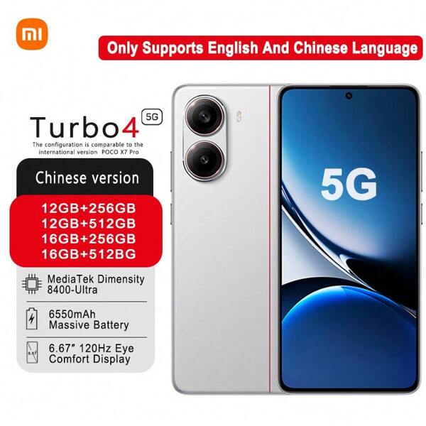 Xiaomi POCO X7 Pro (Versión china: Redmi Turbo4) Smartphone con MediaTek Dimensity 8400-Ultra, resistencia al agua/polvo IP68, batería de alta capacidad de 6550mAh para larga duración y lente de gran apertura Sony. La configuración es comparable a la versión internacional del POCO X7 Pro, solo admite los idiomas inglés y chino.
