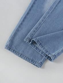 1pc Girls' Fashionable Casual Versatile Pleated Patchwork Denim Skirt Pants - Medium Wash - View 6