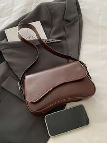 Minimalist Solid Color Shoulder Flap Bag, Classic Textured Crossbody Bag Purse For Women - Coffee - View 3