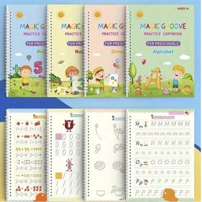 4 piezas Libros de entrenamiento de control de lápiz e inteligencia para niños, herramientas educativas Montessori, cuadernos de práctica de inglés para niños, cuadernos de copia mágicos con ranuras, libros de entrenamiento de control de lápiz reutilizables, libros de práctica de escritura a mano preescolar