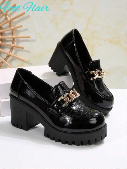 Foot Flair Women's Metal Chain Decor Waterproof Platform Round Toe Slip-On Thick Sole High Heel Shoes, Vintage Style, Plus Size, PU Leather Oxford Pumps, Black, British Style, Work Flats, Spring/Autumn