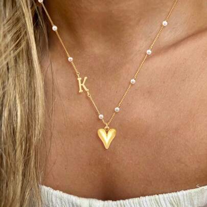 1 pièce Collier à pendentif cœur avec initiale dorée, style simple et mode pour femmes