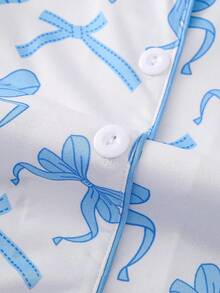 2pcs Sweet Blue Bow Print Women Pajama Set, Long Sleeve Lapel Top And Loose Elastic Pants, Suitable For Holiday Party, Casual Wear, All Seasons, Fall Clothes - Blue - View 5