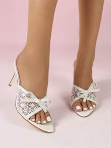 Giày sandal đế bệt mũi nhọn cao 8.7cm, trang trí nơ thanh lịch, nhẹ và thoải mái, đa năng và thời trang, phù hợp cho tiệc tùng, đi chơi đêm, hẹn hò, mua sắm, đi làm, phối đồ mùa xuân hè. - trắng - Xem 3