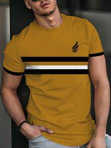 男士优雅条纹短袖圆领T恤，休闲时尚，100%涤纶面料，透气轻盈，常规版型，光滑弹力面料，适合夏季运动穿着 - 彩色 - 查看 2