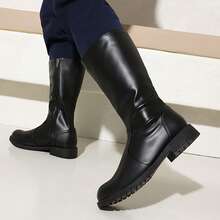 2025 Men's High-Top Leather Riding Boots & COSPLAY & Side Zipper Simple Men's Boots Round Toe Rubber Thick Sole Tall Boots & Black & Chocolate Brown - Black - View 6