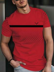 Men's Fashion Patchwork Short Sleeve T-Shirt, 100% Polyester, Geometric Diamond Pattern & Solid Color Combination Minimalist Pullover Top, Breathable Summer Lightweight Fabric - Multicolor - View 3