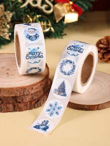 500pcs Blue Christmas Round Stickers Winter Wonderland Aesthetics Stickers Featuring Santa Snowman Snowflake Labels Stickers For Scrapbooking, Diary, DIY Crafts, Water Bottles, Laptop Paper Material Merry Christmas Party Decorations Supplies 2025 Seasonal Gifts & Stars