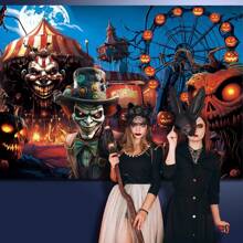 1pc-Halloween Horror Circus Backdrop - Terrifying Evil Clown With Bloody Smile & Carnival Props, Heavy Duty Polyester Fabric For Scary Party Decor, Photo Booth, Indoor Outdoor Haunted Theme