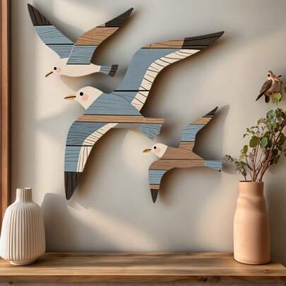 Un set de 3 piezas de decoración de pared de gaviota de madera clásica, con arte de aves marinas a lo largo de la del mar y colgantes de playa retro reutilizables, adecuado para baños, villas, casas de campo, Navidad y Acción de Gracias. Decoraciones de pared de madera para hogares, casas de campo, cafeterías, estudios de yoga - dormitorios interiores, salas de estar, oficinas y terrazas de jardín exterior, patios de salas de estar, jardines, patios traseros, regalos, decoraciones de arte de pared de jardín